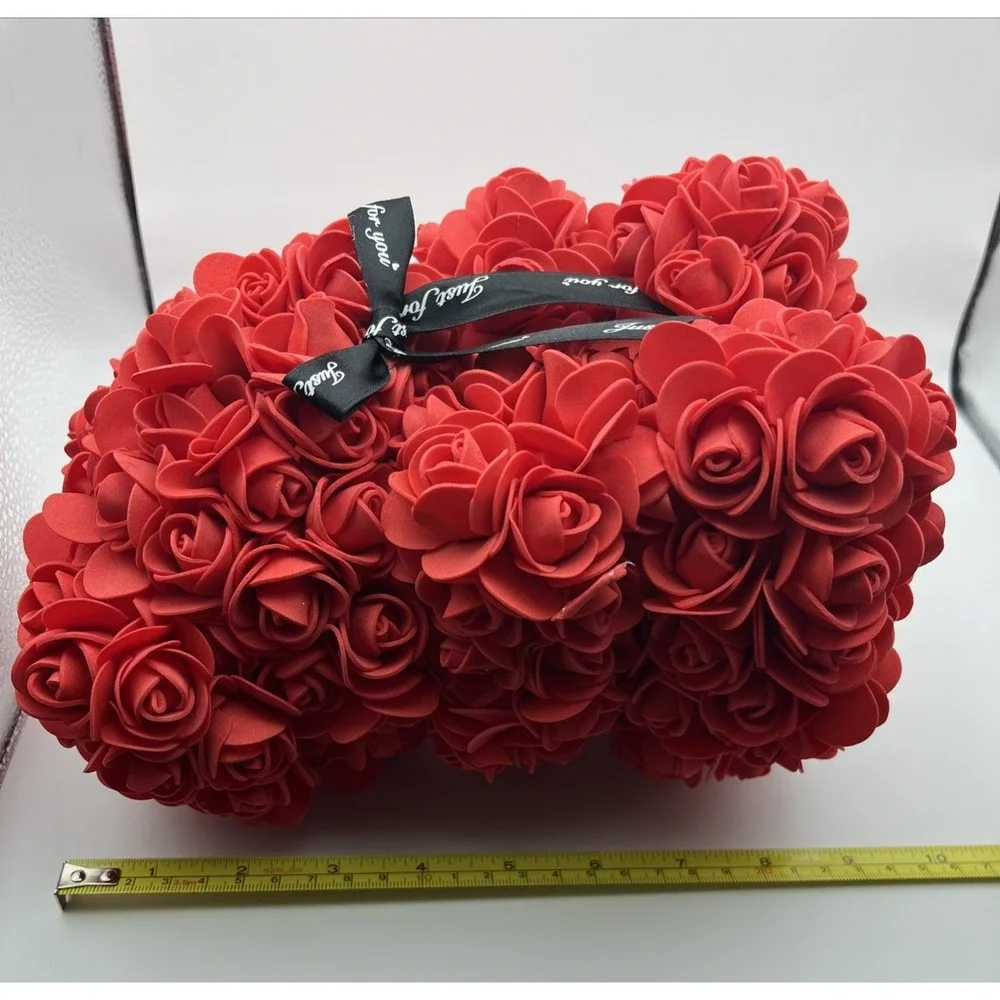 Rose Teddy Bear Flower Gift, Red Artificial Roses, Romantic Anniversary Decor